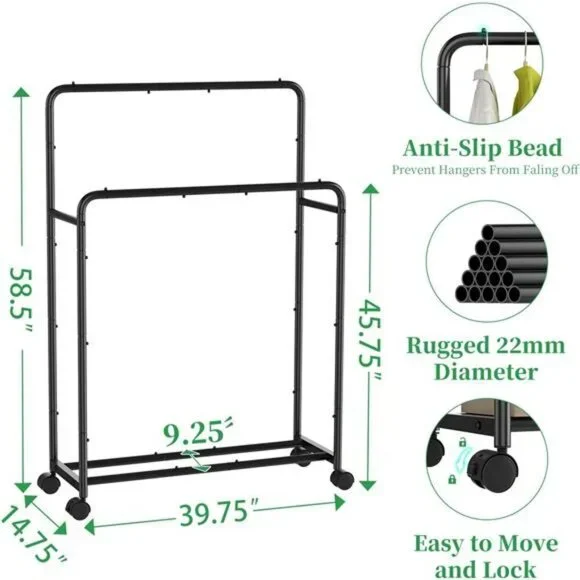 Rolling Clothes Rack Double Rod Garment Rack with Wheels Metal Black